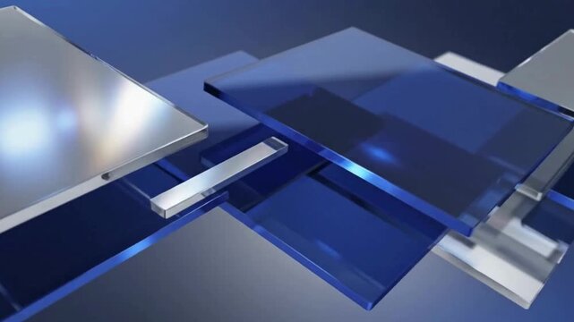 Abstract background featuring overlapping reflective silver plates and transparent blue glass panels against a deep blue gradient backdrop