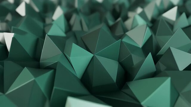 A 3D rendered surface of interconnected triangular prism shapes in various shades of green, with some white faces.  Close-up view gives a sense of depth