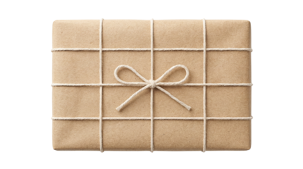 Top View of Isolated Brown Kraft Paper Package with Twine Bow isolated PNG with Transparent Background