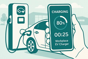 A hand holds a smartphone displaying the charging status of an electric vehicle at a charging station in a workplace environment.