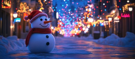 Smiling snowman in a red hat and scarf standing on a snowy street at night, illuminated by a magical bokeh of colorful Christmas lights.