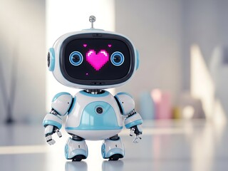 Fototapeta premium Cute robot with heart shaped eyes standing on white floor in room
