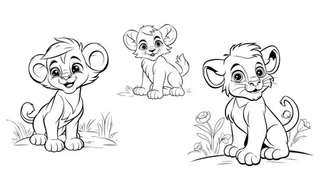 Obraz premium Group of lion cubs line art in various poses for kids coloring book or comic books.