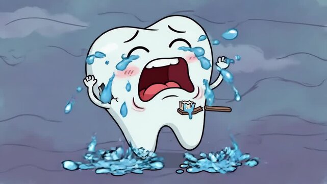 Crying cartoon tooth experiencing toothache and decay with a broken toothbrush, illustrating dental problems, oral health issues, and the need for dental care