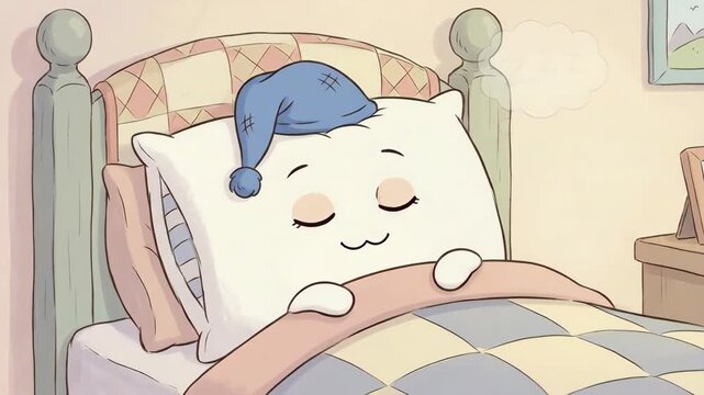 Cartoon pillow character in a nightcap yawning in bed, looking sleepy and exhausted with zzz dream bubble over head, cozy under quilt, bedtime, nap, cute and funny