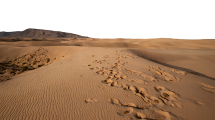 vast desert landscape with sand dunes and a distant mountain . Isolated on transparent background, png