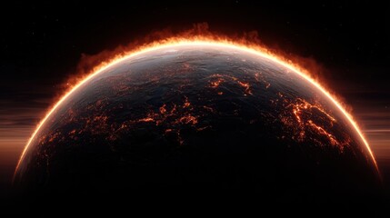 A fiery planet engulfed in flames, with its burning atmosphere against a dark sky