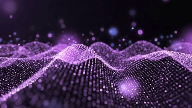 Abstract digital wave of glowing purple particles flows across a dark background creating a mesmerizing futuristic technology visualization effect