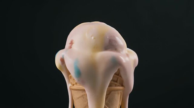 A close-up image of a melting ice cream cone with multiple colors. The ice cream is dripping over the sides of the cone
