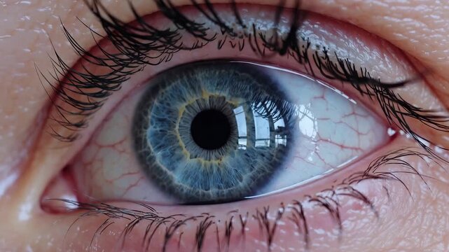 Close-up view of beautiful human eye. Eye captures reflections and details with vibrant colors. Focus on iris structure and emotions in stunning clarity.