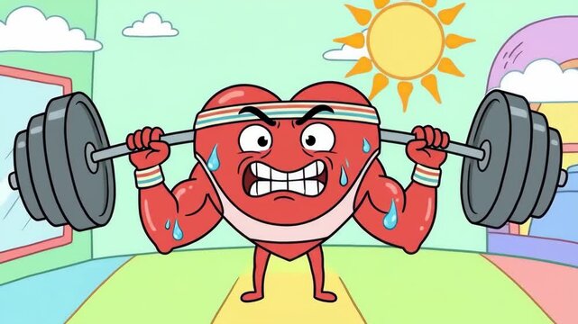 Heart mascot representing cardiovascular health performing a strenuous weightlifting workout in a colorful gym, sweating with determination and strength to maintain fitness