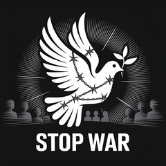 A vector art poster conveying the message "Stop War". The central focus is a stylized dove with outstretched wings, formed from interwoven strands of broken barbed wire. The dove is positioned 