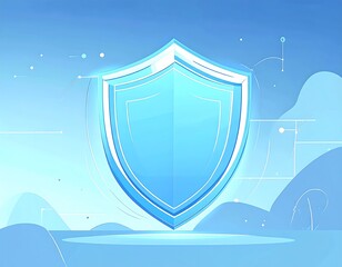 Blue shield in a soft-gradient abstract landscape setting, implying protection or safety against digital threats