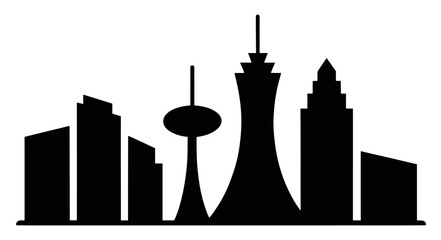 A silhouette of a modern city skyline featuring various distinct buildings and towers against a white background.