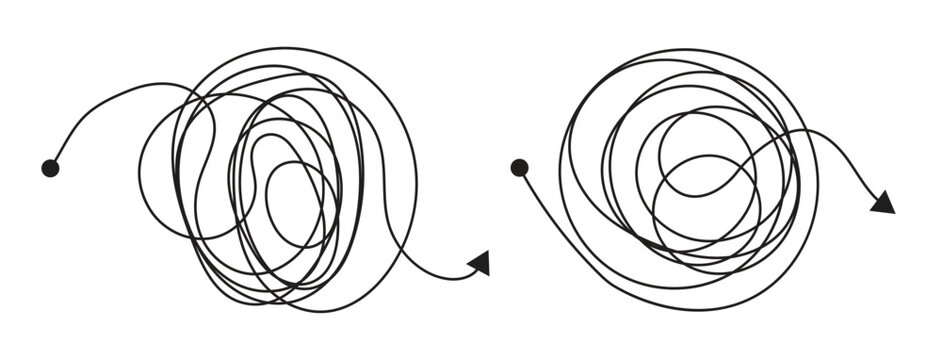 Messy tangle continuous one line drawing of chaos and confusion turning into a clear path and target. Vector illustration. 
