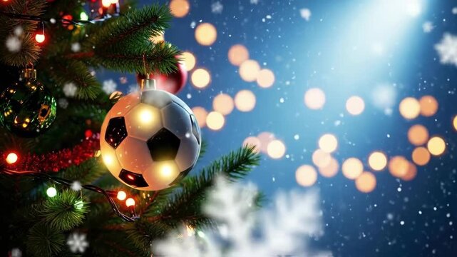 Soccer ball ornament hanging on a festive Christmas tree with blurred lights and falling snow. Holiday season for sport fans.
