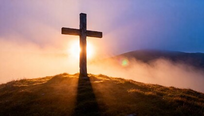 Cross on a hill against a sunset sky. Dramatic, spiritual, and serene scene with warm golden light, symbolizing faith, hope, and reflection.