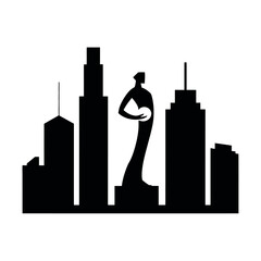 A stylized silhouette of a woman holding a globe stands in front of a city skyline.