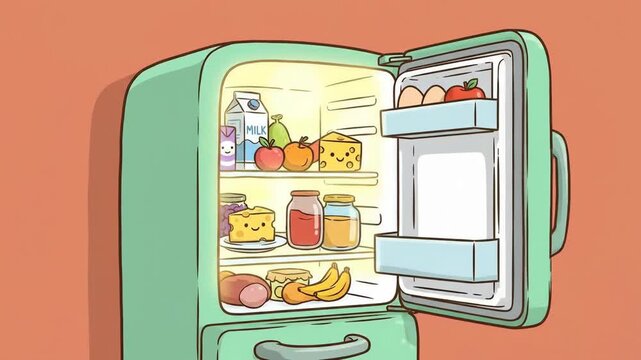 Cartoon refrigerator door creaking open, revealing various fresh foods like milk, cheese, and fruit inside, illustrating hunger, a home appliance, or kitchen elements