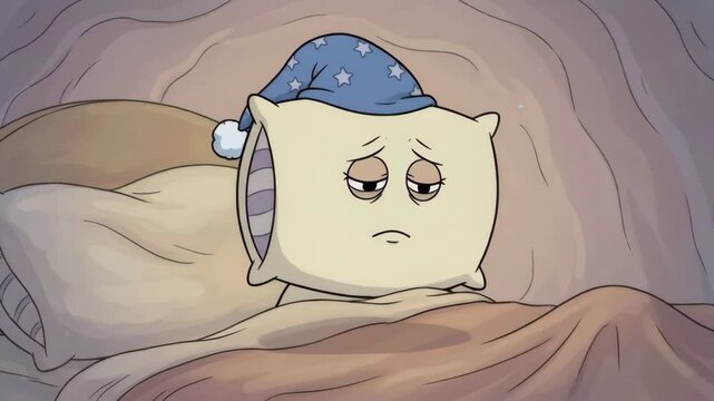 Cartoon pillow character yawning widely while lying in bed, wearing a blue nightcap with stars, and dreaming of a sleepy cloud illustrating exhaustion and the need for sleep