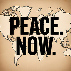 A stark, impactful poster art featuring the bold text "PEACE. NOW." prominently displayed. The phrase is printed in a clean, sans-serif typeface against a simplified world map background