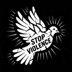 A vector art poster advocating for peace, featuring a fractured dove silhouette against a stark black background. The dove&rsquo;s wings are fragmented, with sharp edges creating a sense of disruption