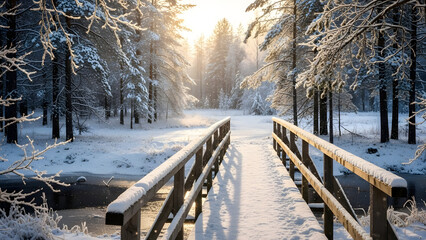 Snow-covered wooden bridge spans over partially frozen stream in a sunlit winter forest, with tall pine trees draped in fresh snow and golden light filtering through the branches