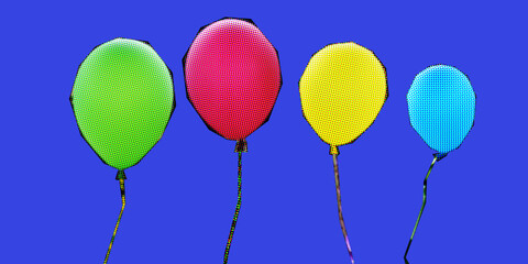 Bright halftone balloons floating on vivid blue background, green red yellow and cyan colors, thin dangling strings, pop art texture, playful celebration mood, graphic cut-out style composition. © peachbox