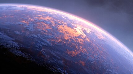 Exoplanet view Earth-like world with sunrise glow. Atmospheric haze surrounds