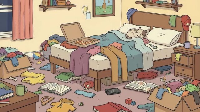 Disorganized bedroom strewn with clothes, books and pizza boxes; cat sleeps on the bed amid clutter, conveying procrastination, exhaustion and a neglected, chaotic living space