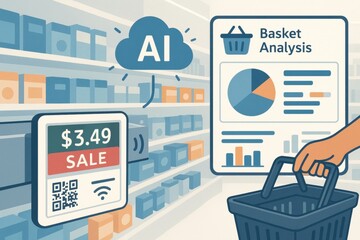 Person interacts with a digital display showing product price and sales data in a retail store while shopping with a basket