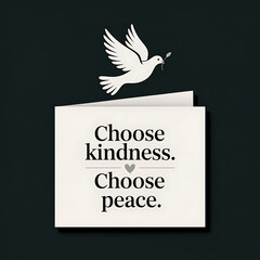 A serene sympathy greeting card featuring a minimalist design of a single, stylized dove in flight against a deep black background, symbolizing hope and peace. The text "CHOOSE KINDNESS. CHOOSE PEACE.