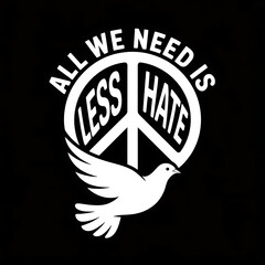 A striking vector sticker design featuring the empowering message "ALL WE NEED IS LESS HATE" prominently displayed around a stylized peace sign symbol. The peace sign is depicted as a sleek