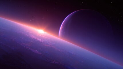 Celestial sunrise. A planet's horizon frames a sunburst as a second planet looms