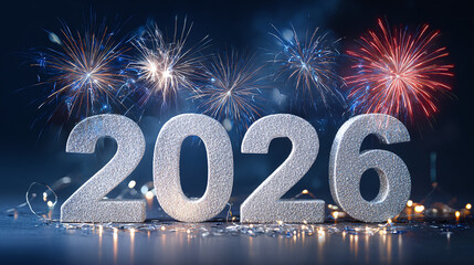 Shimmering "2026" numerals are placed against the backdrop of brilliant fireworks, marking a hopeful and festive outlook for the coming year.