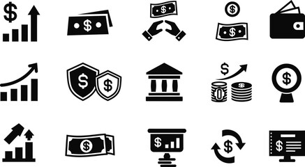 Finance icon set, bank and finance icon, business Icons, money signs, collection of economy, money, fund, investor and more, solid icons collection