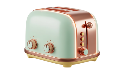 A shiny mint-green toaster with rose-gold accents sits on a yellow base against a white background.