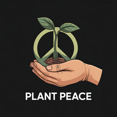 A striking vector illustration showcasing a gentle hand cradling a tiny seedling sprouting within the iconic symbol of peace. The hand, rendered with soft lines and a warm skin tone