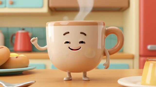 Cute anthropomorphic coffee mug smiling and waving on a wooden table, steaming hot morning beverage amid breakfast items and kitchen appliances, cheerful cozy start to the day