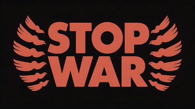 A vector art poster advocating for peace with the bold text "Stop War" centered against a stark black background. The words are rendered in a strong, sans-serif typeface, filled with a vibrant