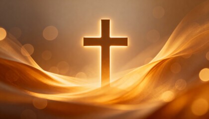 Wooden cross on a bright golden background. Minimalist, symbolic, and spiritual composition with warm tones conveying faith, reverence, and serenity.