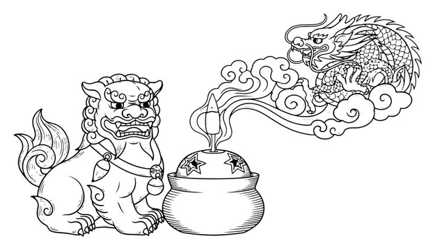Chinese guardian lion Foo Dog with incense burner and dragon smoke spirit vector illustration