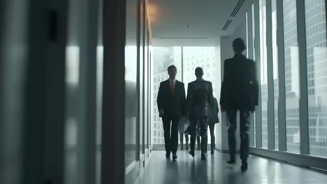 Business professionals walking confidently in office corridor, anonymous corporate environment, cinematic 1080p video perspective