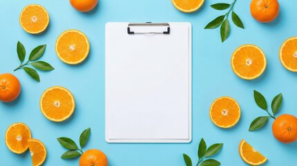 Blank white clipboard with fresh oranges and green leaves on blue background
