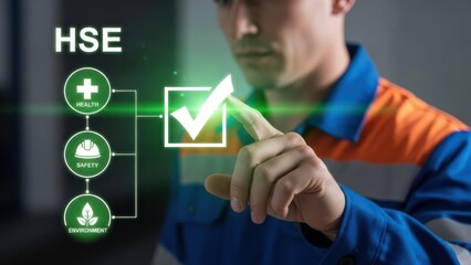 Industrial Safety Standards: Worker touching a glowing checkmark icon for Health Safety and Environment protocol verification and monitoring