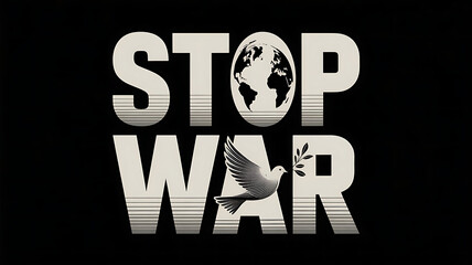 A vector art poster with the impactful message "Stop War" boldly displayed against a stark black background. The text is rendered in a strong, sans-serif typeface 