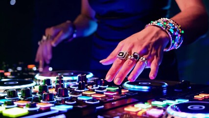 DJ performing live music at nightclub. Vibrant lights and colorful atmosphere enhance energy. Audience enjoys engaging beats and electrifying experience.