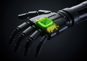 Robotic Hand with Green Circuitry and Digital Microchip in Dark Background