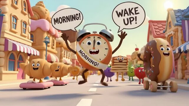 Alarm clock mascot wearing a morning sash leads a cheerful parade of cute breakfast characters&mdash;croissant, pancakes, donut&mdash;down a sunny, sweet-themed street