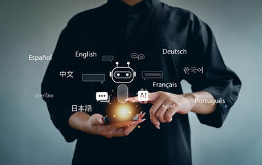 Artificial intelligence chatbot and multilingual communication concept with user interacting via smartphone, showing global AI translation, smart assistant, digital conversation, future technology.